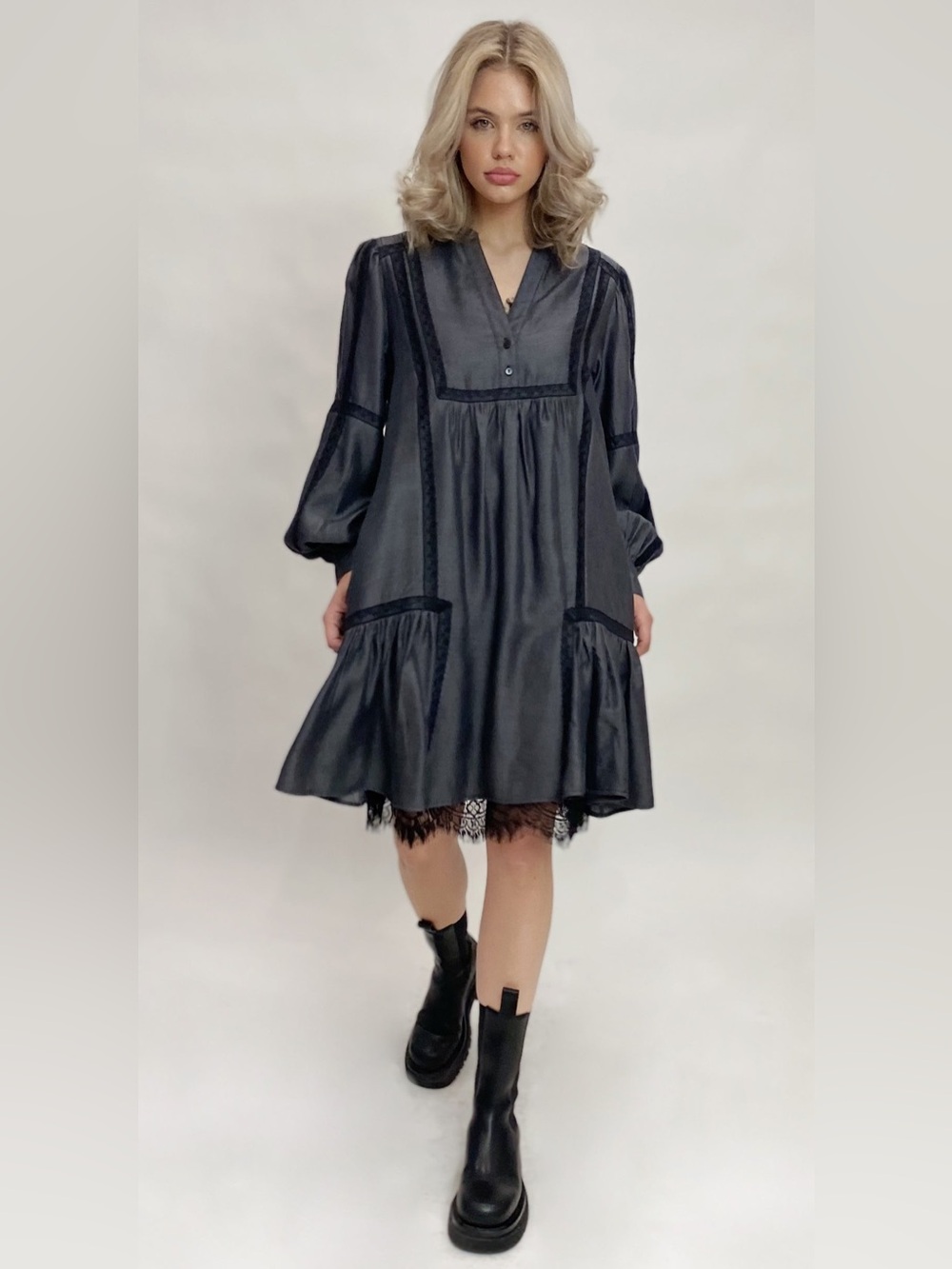 Gold Hawk Tencel Black Tiered V-Neck Mini Dress